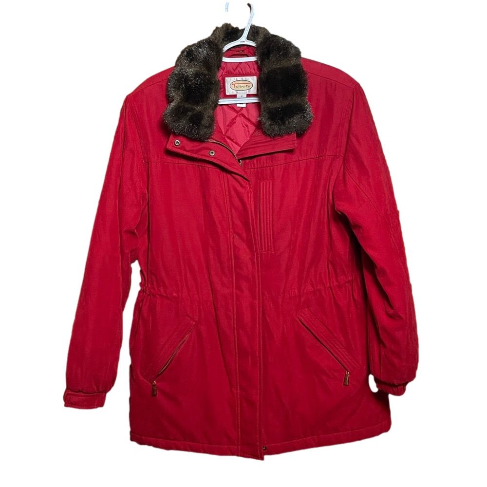Talbots Red Quilted Coat with Removable Faux Fur Trim Size Medium